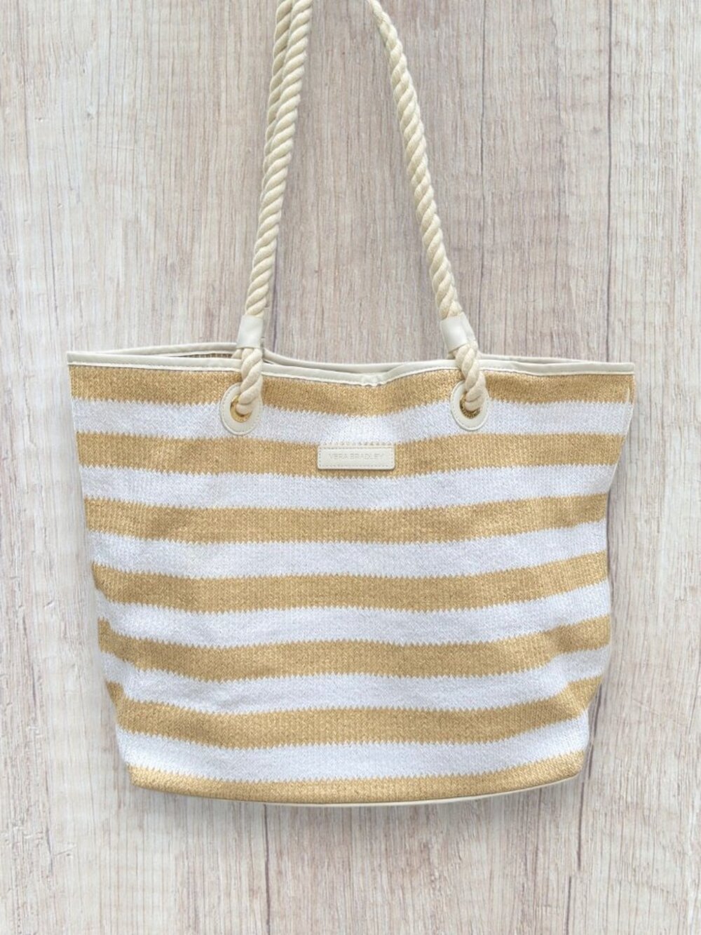 Vera Bradley Large Beach Tote Bag Beige White Stripe Rope Handle Coastal - Picture 3 of 5